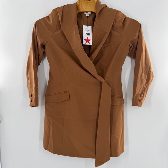 Ade Samuel for INC Brown Hooded Blazer Dress Wrap Tie Front Tawny L NEW - Picture 3 of 9